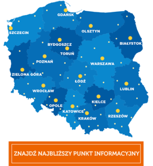 Znajdź najbliższy punkt informacyjny o Funduszach Europejskich. Grafika to mapa Polski z zaznaczonymi stolicami województw.