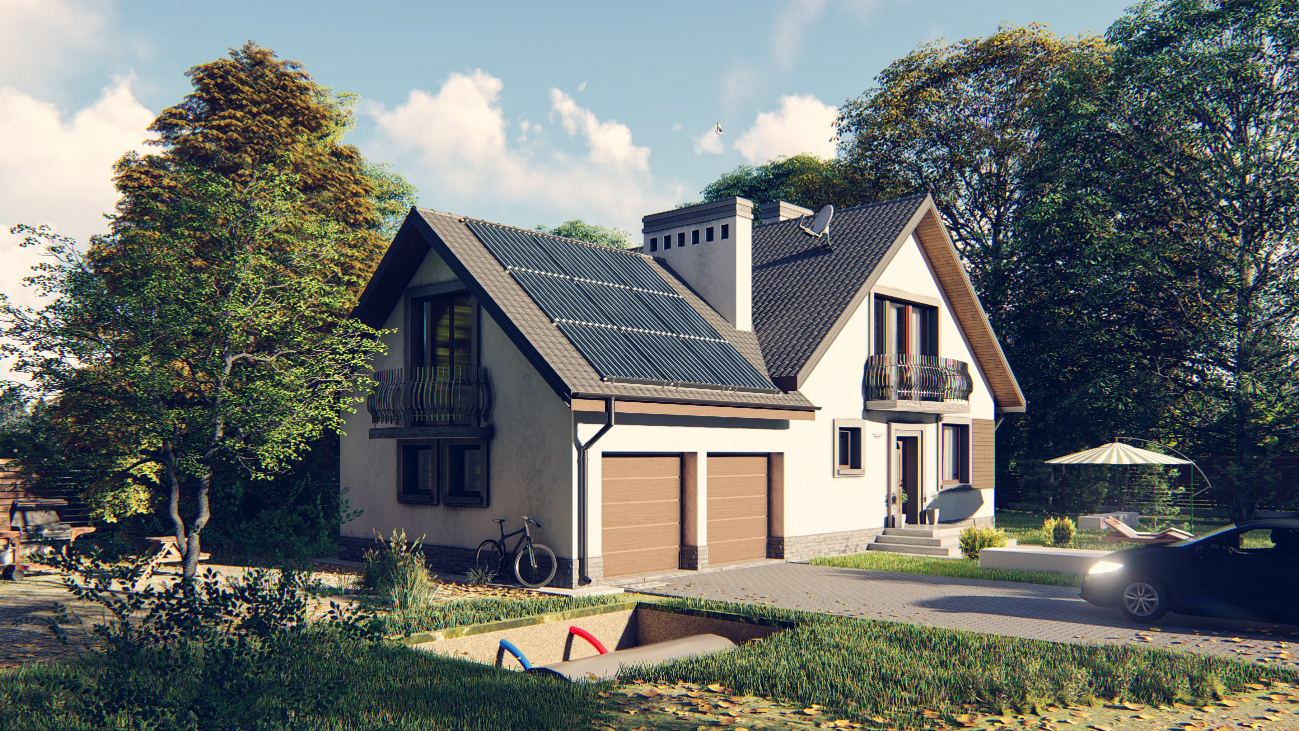 Zdjęcie przedstawia dom rodzinny z zamontowanym na dachu kolektorem słonecznym. Dom jest otoczony drzewami. Przed domem ogród, w którym stoi parasol przeciwsłoneczny, leżak. Na podjeździe do domu samochód.