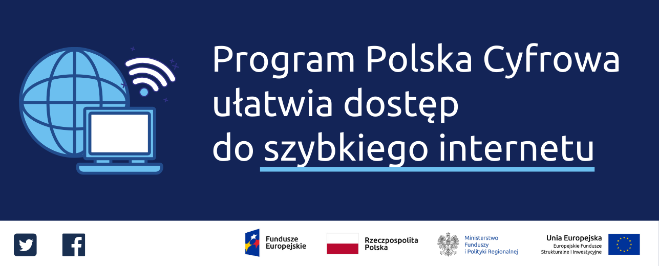 Na granatowym tle napis: program Polska Cyfrowa ułatwia dostęp do szybkiego internetu