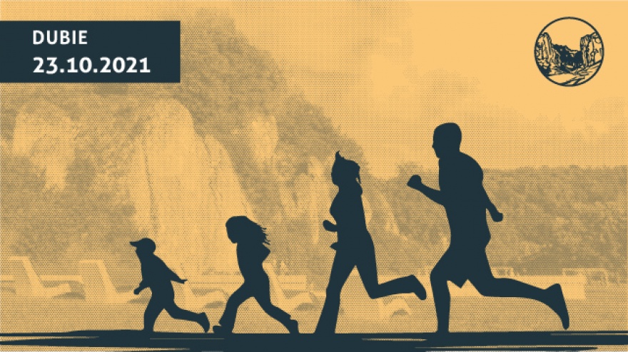 Grafika przedstawia sylwetki biegaczy. Tekst na banerze: Dubie 23.10.2021