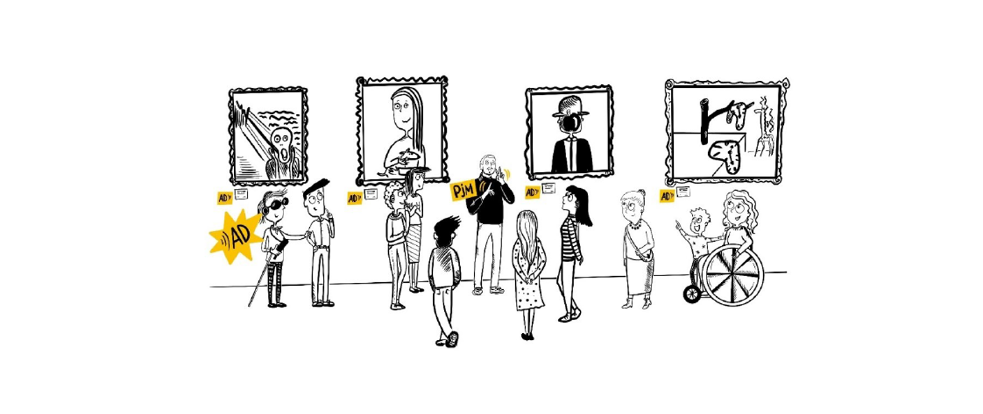 Grafika przedstawiająca osoby z róznymi niepełnosprawnościami w galerii przy obrazach
