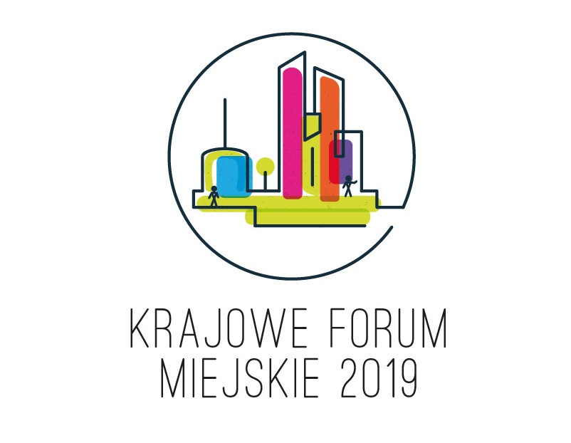 logo Krajowego Forum Miejskiego - kolorowe miasto w okręgu