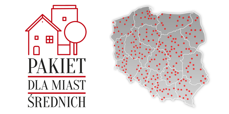 Logo pakietu dla średnich miast i mapa Polski