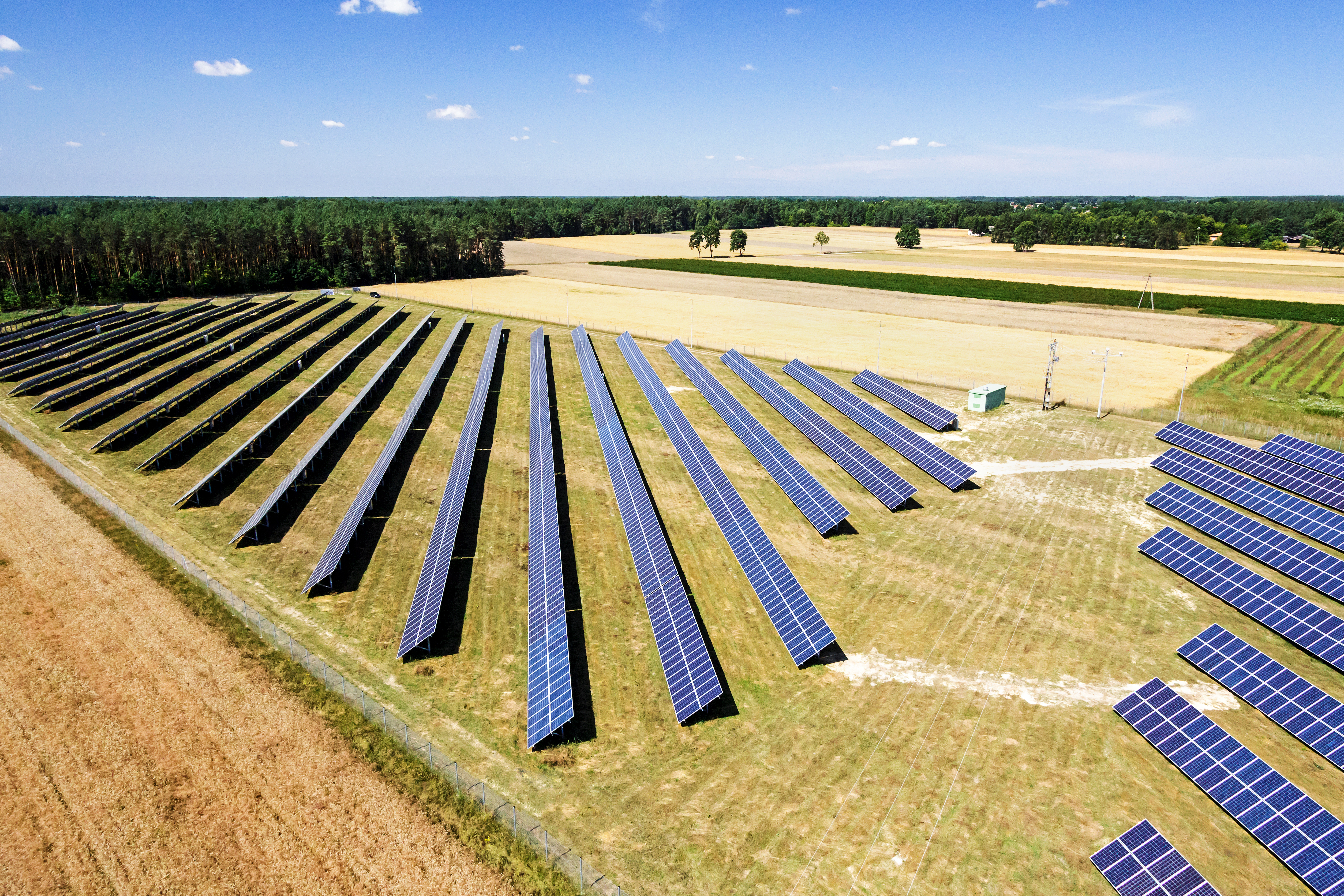 The photo shows a top view of a voltaic farm in the lubelskie region.