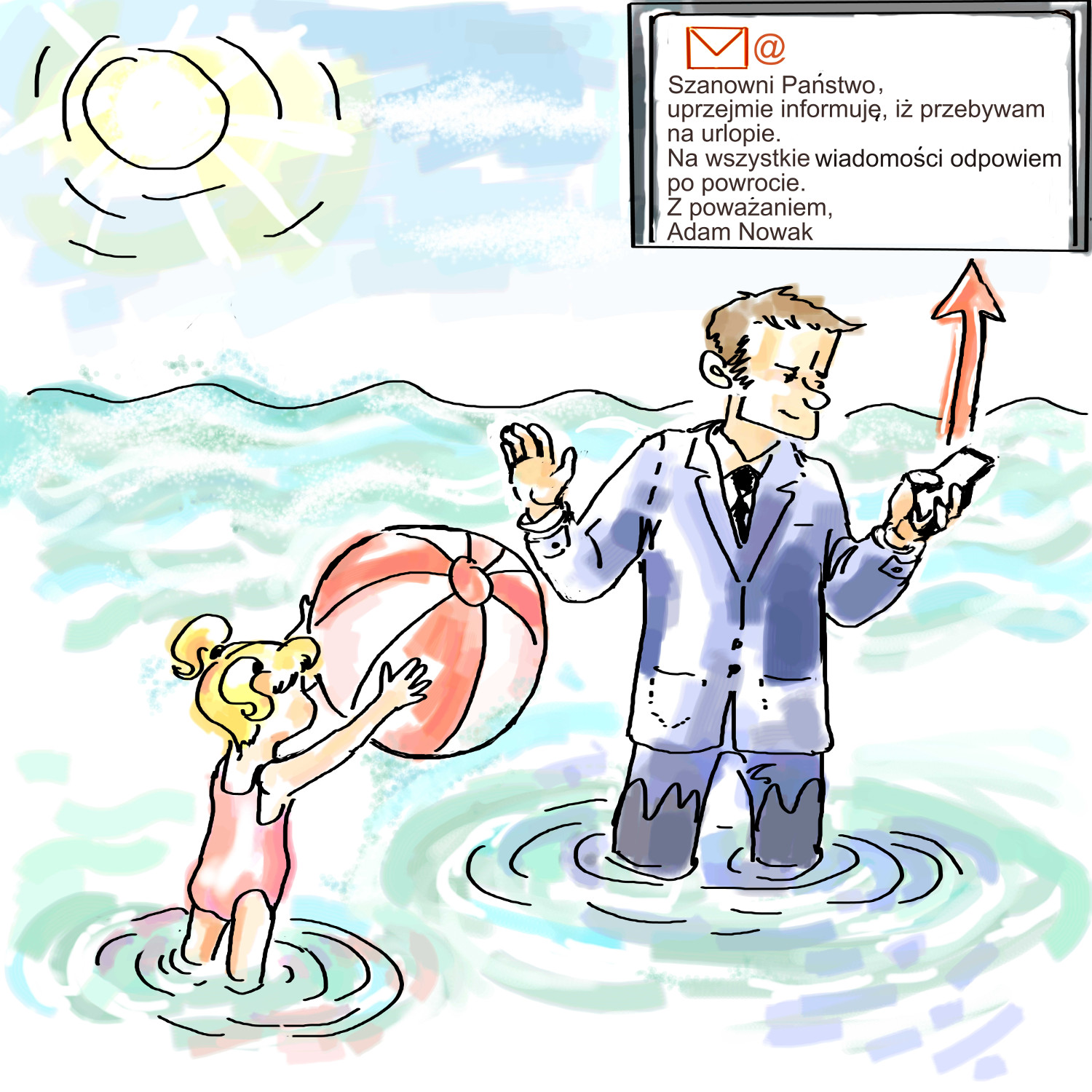 Komiksowy rysunek przedstawia córkę z ojcem na brzegu morza. Ojciec zamiast bawić się z córką sprawdza powiadomienia w telefonie