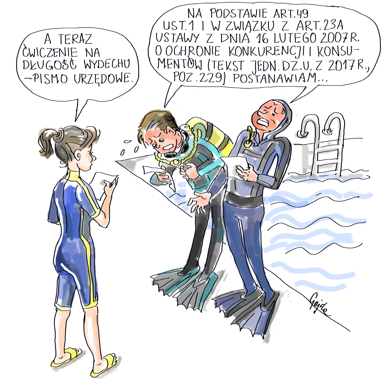 Komiksowy rysunek przedstawia ludzi na basenie ćwiczących długi wydech